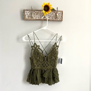 FREE PEOPLE Adella Cami Tank - Size S - Olive Lace Tiered Boho Cami Top - NWT